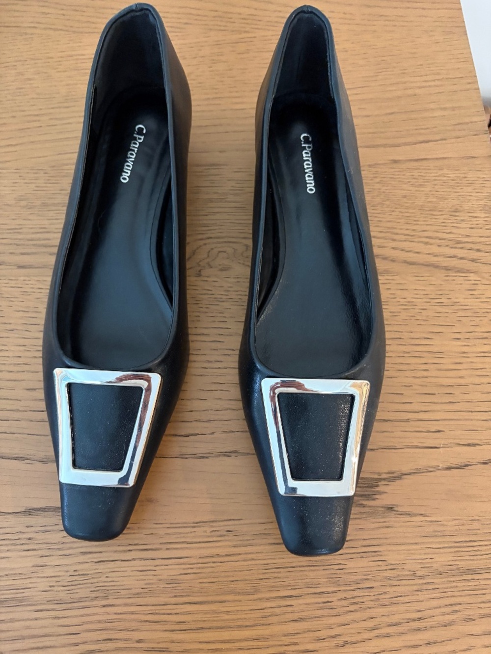 New C. Paravano Black Shoes with silver Buckle and low heel - Size 42